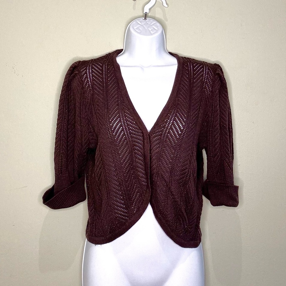 Cassini New York silk and cashmere brown mini cardigan, size medium